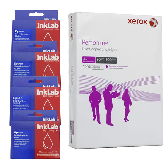 InkLab 604 Ink Bundle, Black, Cyan, Magenta, Yellow, Replacement Inks with 1 Ream of Xerox Performer A4 80GSM Office Paper