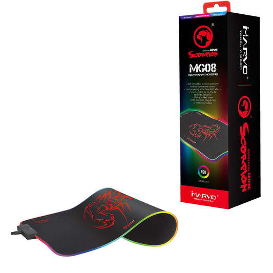 Marvo MG08 Gaming Mouse Pad, 7 Colour LED with 3 RGB Effects, Medium 350x250x4mm, USB Connection, Soft Microfiber Surface for Speed and Control with Non-Slip Rubber Base and Stitched Edges, Black