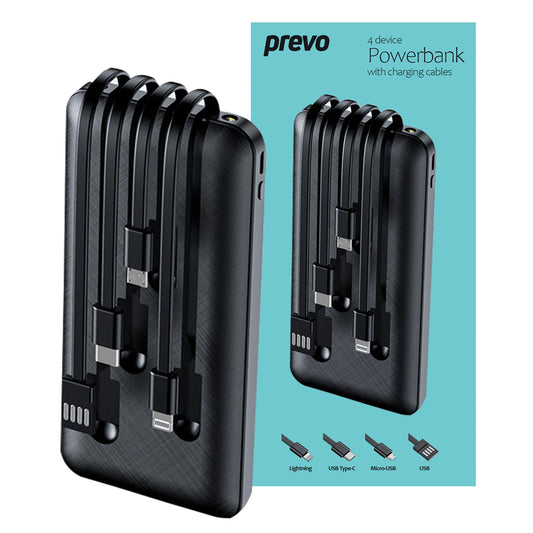 Prevo SP2010 Power Bank,10000mAh Portable Charging for Smart Phones, Tablets and Other Devices, Charge 4 Devices with Prefitted Lightning, USB Type-C, Micro-USB & USB Cables, LED Torch, Black