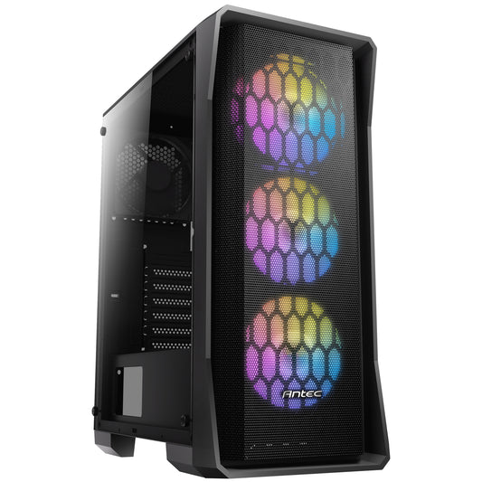 ANTEC NX360 Case, Black, Mid Tower, 1 x USB 3.0 / 2 x USB 2.0, Tempered Glass Side WIndow Panel, Polygon-Shaped Frames Mesh Front Panel for Excellent Cooling Performance, 3 x Addressable RGB Fans Included