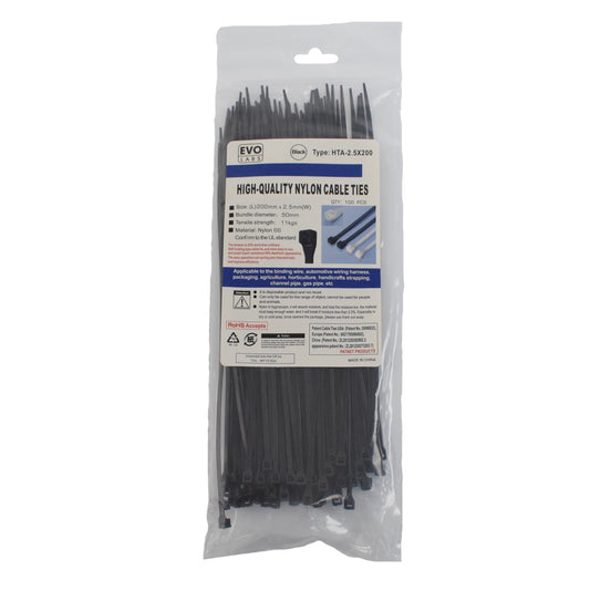 Evo Labs Black Cable Ties 200 x 2.5mm 100 Pack