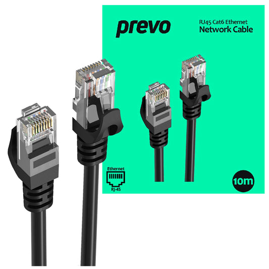 Prevo CAT6-BLK-10M Network Cable, RJ45 (M) to RJ45 (M), CAT6, 10m, Black, Oxygen Free Copper Core, Sturdy PVC Outer Sleeve & Clip Protector, Retail Box Packaging