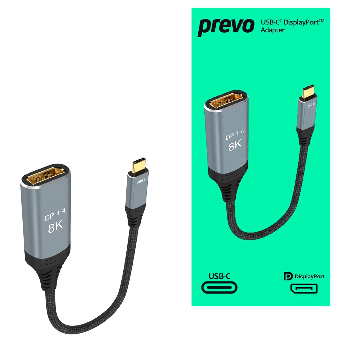 Prevo USBC-DP-ADA Display Converter Adapter, USB Type-C (M) to DisplayPort (F), 0.2m, Black & Silver, DisplayPort 1.4, Supports up to 8K@30Hz, Braided Cable, Retail Box Packaging