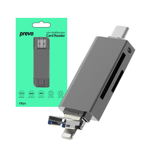 Prevo CR312 USB 2.0, USB Type-C and Lightning Connection, Card Reader, High-speed Memory Card Adapter Supports SD/Micro SD/TF/SDHC/SDXC/MMC, Compatible with Windows, Mac OS and Android, Black