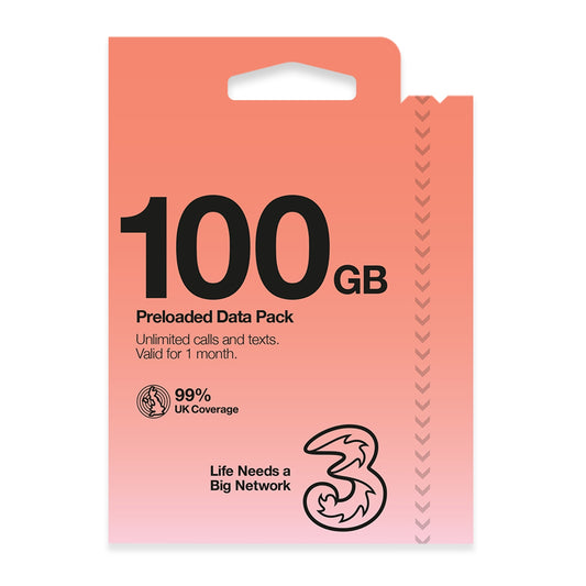 Three 100GB (normally 50GB) Prepaid Voice & Data SIM - 4G / 5G with 99% UK Coverage & 70+ Go Roam Worldwide Destinations