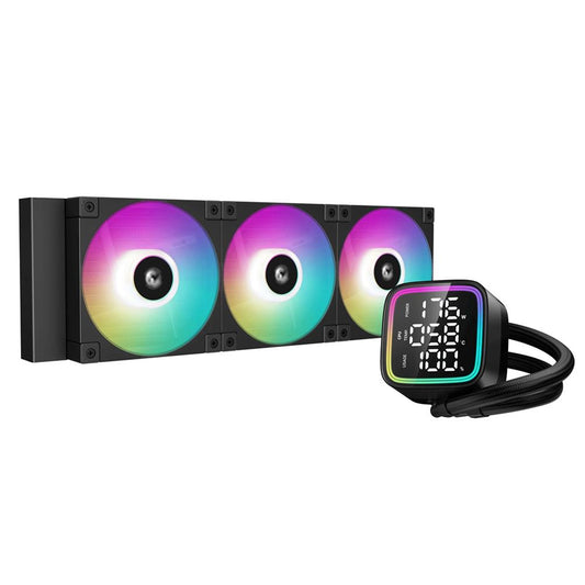 DeepCool LD 360 AIO Liquid CPU Cooler, Universal Socket, 360mm Radiator, PWM 2400RPM Cooling Fans, Addressable RGB LED Lighting, Fully Customizable Infinity Mirror Cap Design, Digital Display,