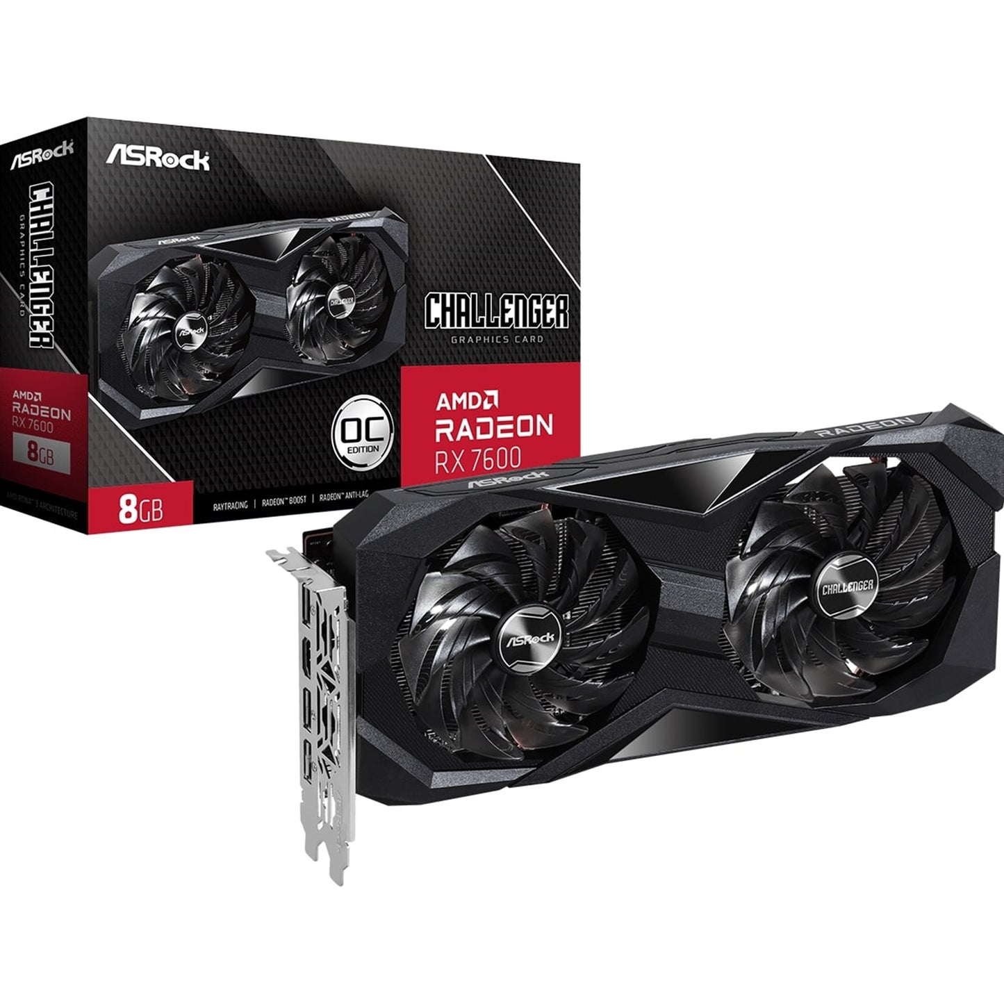 ASRock AMD Radeon RX7600 Challenger 8GB Graphics Card, GGDR6, 3x DisplayPort, 1x HDMI, Dual Fan, Ultra-fit Heatpipe, Metal Backplate, 0dB Silent Cooling