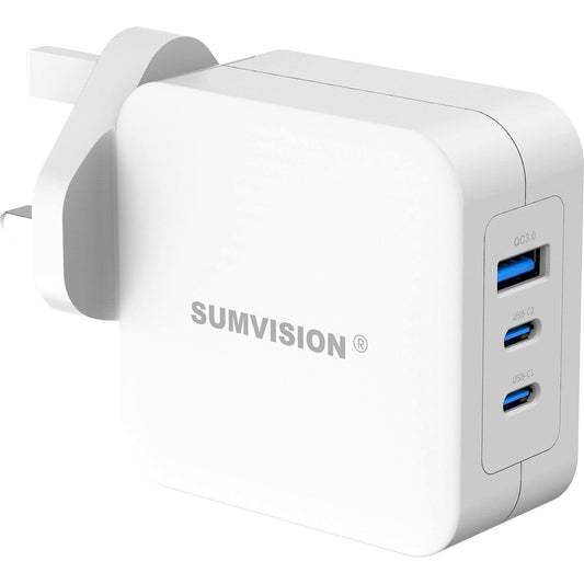 SUMVISION Universal 3 Port USB Laptop Wall Charger, 100W, GaN, Multiport USB Connections with Type-C, USB-A QC 3.0 Fast Charge & USB-A, Includes UK Plug, Suitable for USB-C Laptop Charging, UK Design and Free UK Tech Support