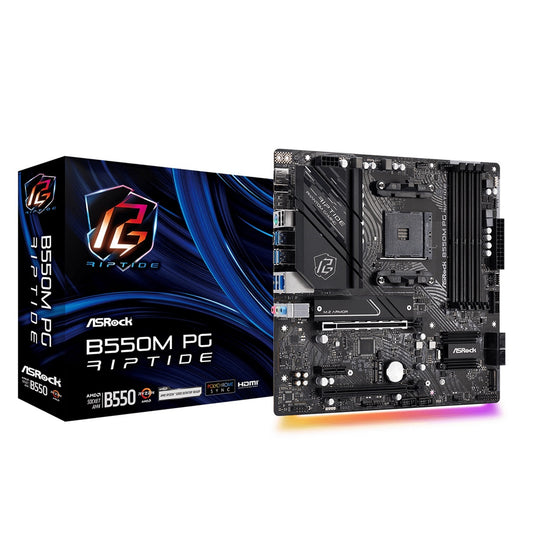 ASRock B550M PG Riptide DDR4 Motherboard, AMD Socket AM4, 1x PCIe 4.0 x16, 1x PCIe 3.0 x16, 1x PCIe 3.0 x1, 1x M.2 KeyE for WiFi, Micro ATX, 2x USB 3.2 Gen2x2 Type-C, Phantom Gaming 2.5G LAN, HDMI, 4x SATA3