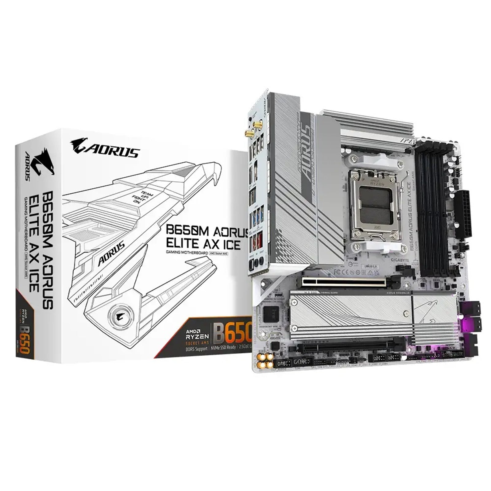 Gigabyte B650M AORUS ELITE AX ICE, AMD B650, AM5, DDR5, Sata 6Gb/s, PCIe 4, 2x M.2, 2.5Gbe, Micro ATX, Wifi Motherboard