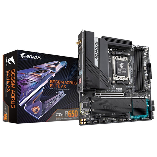 Gigabyte B650M AORUS ELITE AX DDR5 Motherboard, AMD Socket AM5, Micro ATX, 1x PCIe 5.0 x4, 1x PCIe 4.0 x16, 1x PCIe 4.0 x4, Bluetooth, Wi-Fi 6E, USB 3.2 Gen 2x2, Q-Flash Plus, RGB FUSION 2.0